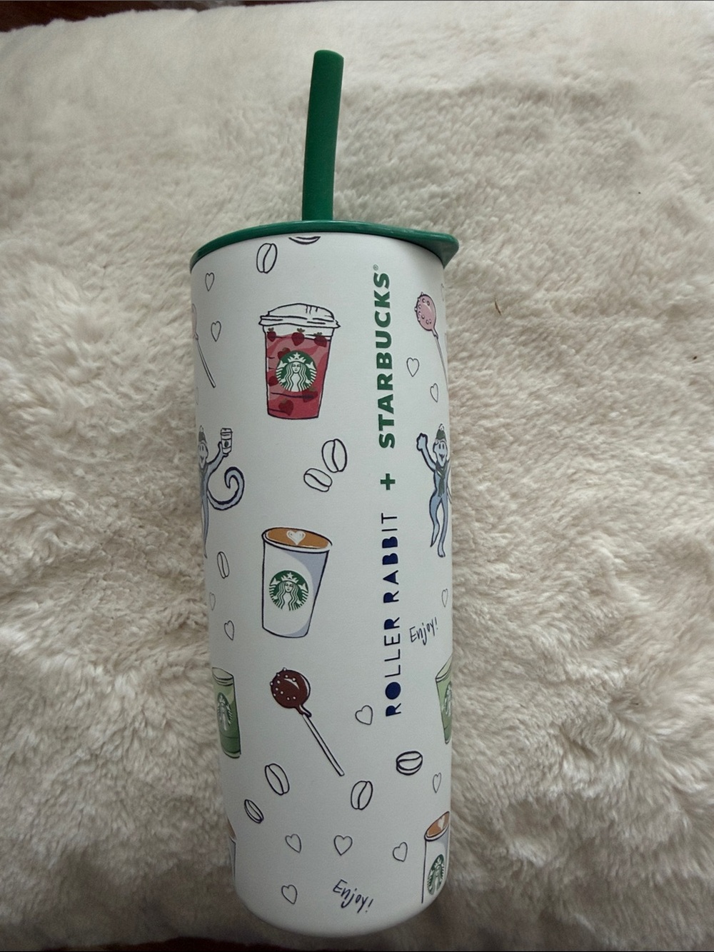 Starbucks x Roller Rabbit White Travel Tumbler with Green Lid and Straw
